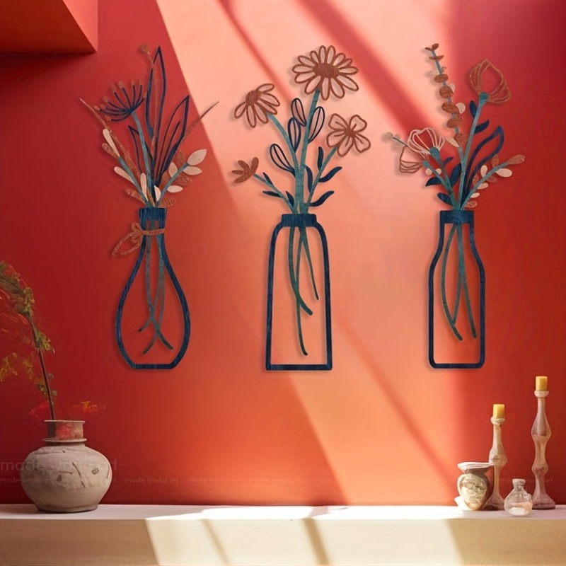Home Office Interior Design - ประติมากรรมติดผนังลายดอกไม้ขนาดใหญ่ 3 ชิ้น - ของตกแต่งบ้านสไตล์โมเดิร์นฟาร์มเฮาส์, ดีไซน์แจกันแขวนสุดหรู,