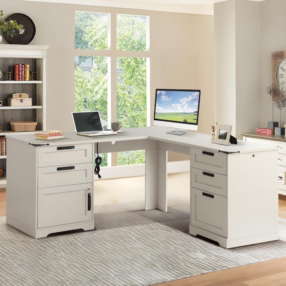 Desk Charging Station - โต๊ะทำงานผู้บริหารรูปตัว L ขนาด 60 นิ้ว พร้อมลิ้นชัก