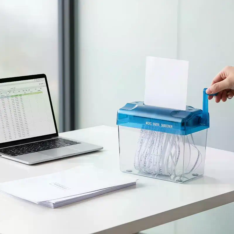 Home Office Paper Shredder - เครื่องทำลายเอกสารแบบมือหมุนขนาดพกพา พร้อมถังขยะใส สำหรับใช้ในบ้านและสำนักงาน