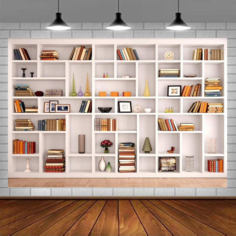 Home Office Zoom Background Free - ชั้นวางหนังสือสีขาว ฉากหลังถ่ายภาพ ตู้หนังสือ สำนักงาน การประชุมทางวิดีโอ ซูม
