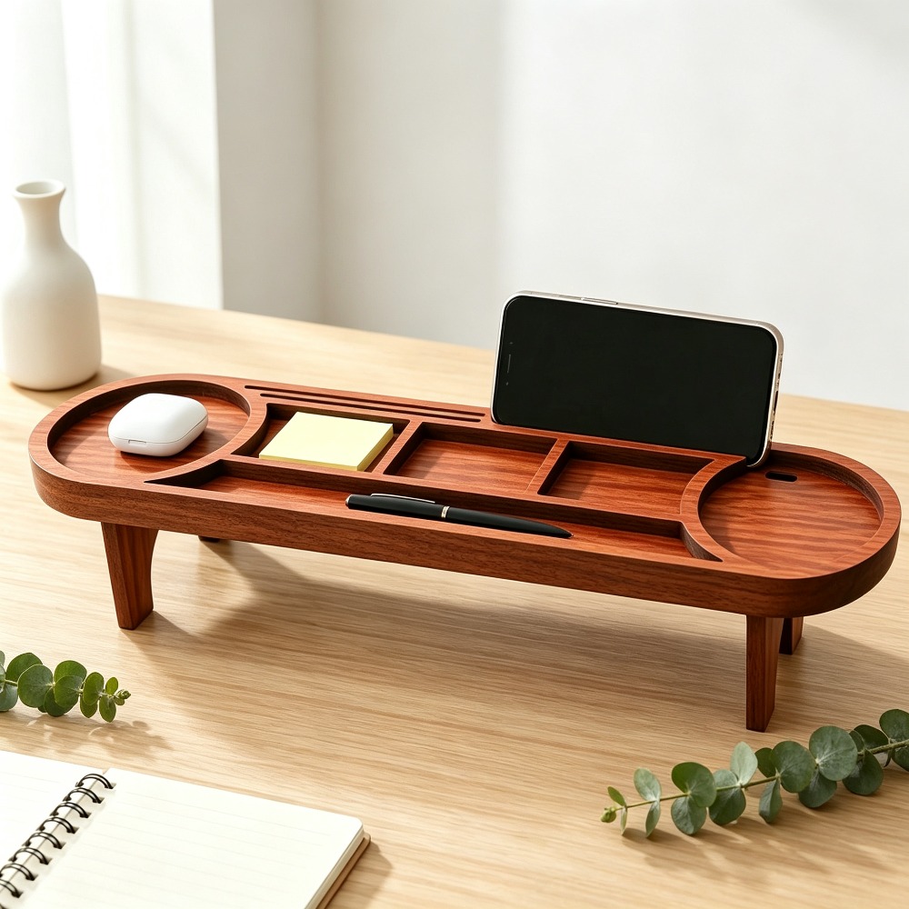 Home Office Freelancer - ที่จัดระเบียบโต๊ะทำงานไม้พร้อมที่วางโทรศัพท์ ชั้นวางของอเนกประสงค์สำหรับสำนักงาน บ้าน ที่ใส่เครื่องเขียน ที่ใส่ปากกา และอุปกรณ์เสริม