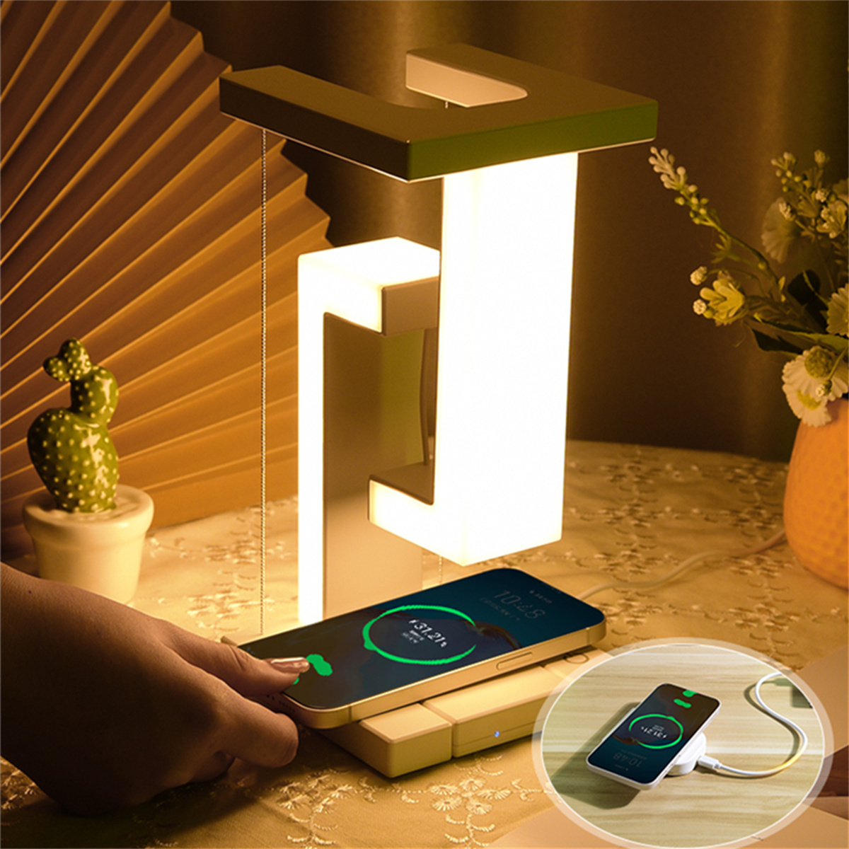 Desk Charging Station - โคมไฟตั้งโต๊ะแบบลอยตัวพร้อมที่ชาร์จไร้สาย, พอร์ตชาร์จ USB, แท่นชาร์จสำหรับ iPhone, โคมไฟข้างเตียง,