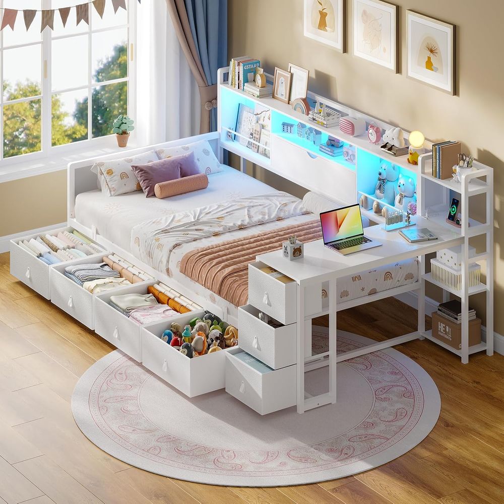 Desk Charging Station - เตียงคู่ ADORNEVE พร้อมโต๊ะทำงาน, ตู้เก็บของ 7 ช่อง