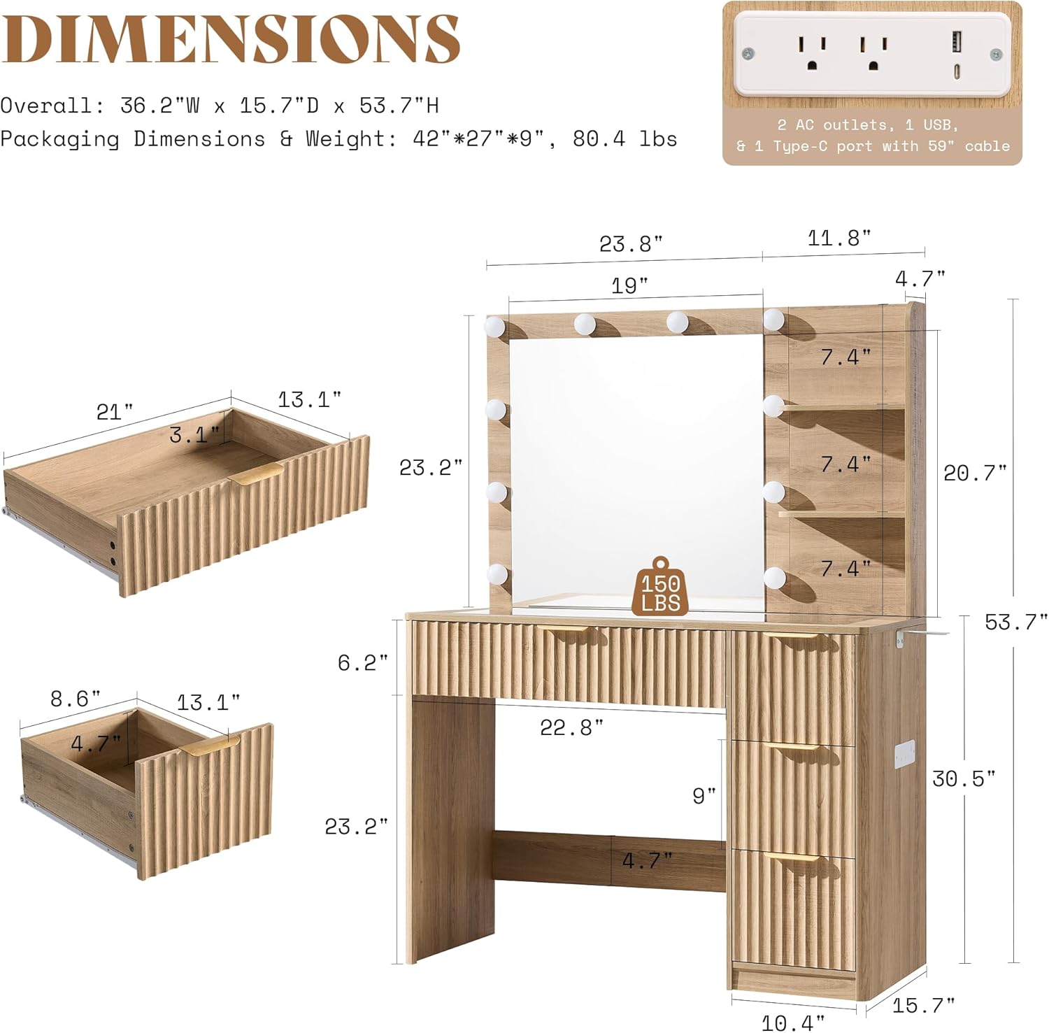 โต๊ะเครื่องแป้งไม้โอ๊คธรรมชาติ - Desk Charging Station บทวิจารณ์และราคา
